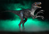 Raptor Display velociraptor blue static Dinosaur prop in green swamp fog