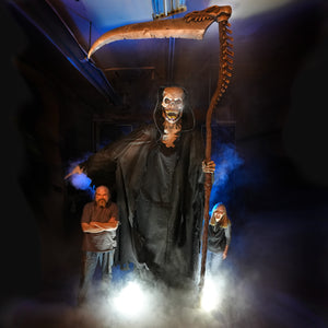 Grim Death reaper animatronic prop with Ed and Marsha of Distortions Unlimited
