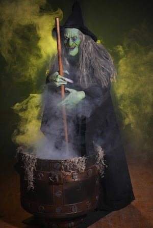 Witches Brew wicked witch Halloween animatronic prop with smoking cauldron 