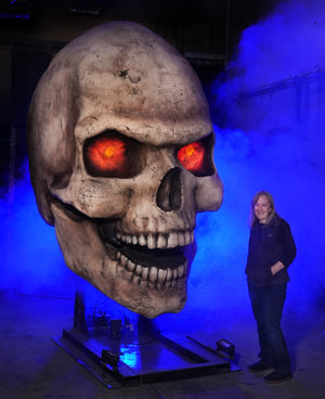 Giant Skull talking animatronic with Marsha Taub Edmunds of Distortions Unlimited