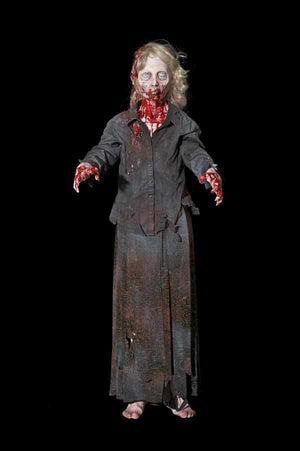 Roxie standing Halloween prop with bloody mouth and hands for Halloween decor.