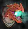 Dragon Legends red dragon wall hanging mounted on wall with fog and green led light coming from mouth
