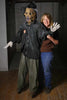 Marsha Taub-Edmunds hold the Scary Scarecrow life size Halloween prop for haunted corn mazes and home haunts