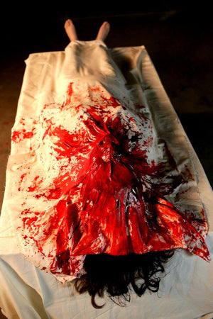 Wake Up Dead bloody Halloween prop with bloody sheet over face